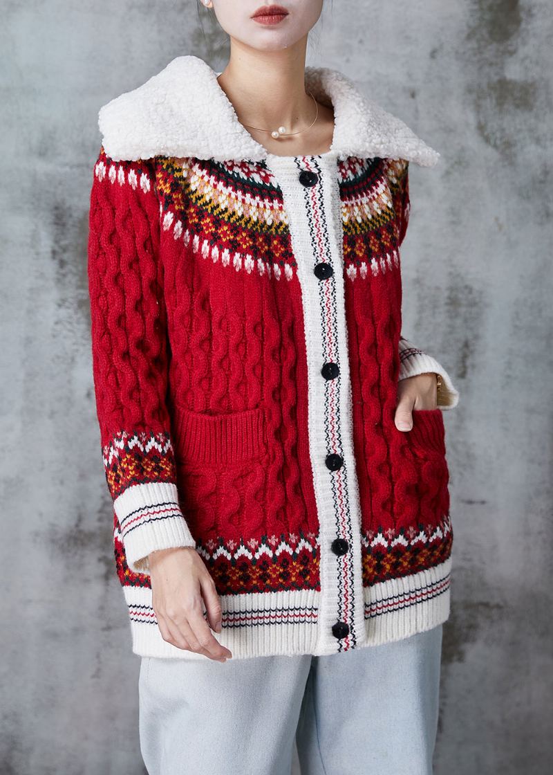 Cardigan En Tricot Imprimé À Col Claudine Rouge Pour Femme Printemps - Cardigans femmes