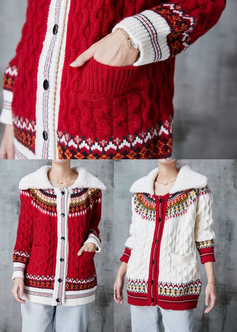 Cardigan En Tricot Imprimé À Col Claudine Rouge Pour Femme Printemps - Cardigans femmes