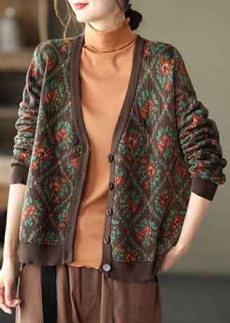 Cardigan En Tricot Imprimé Surdimensionné Café Chic Printemps