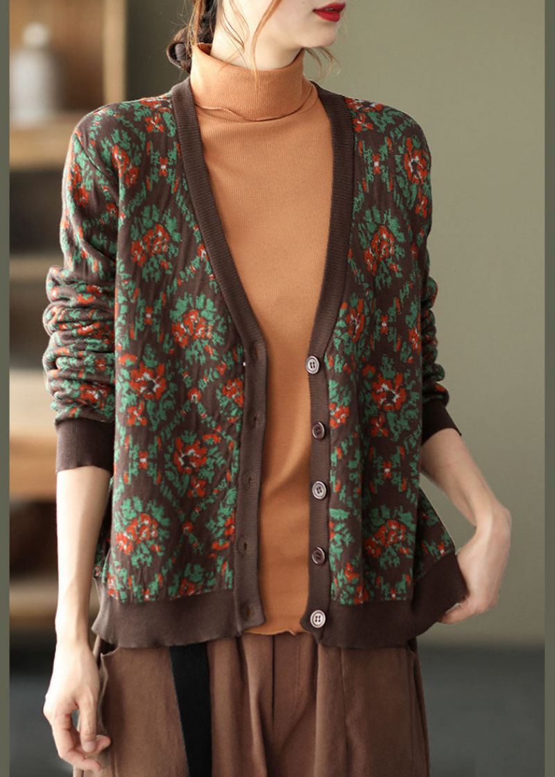 Cardigan En Tricot Imprimé Surdimensionné Café Chic Printemps - Cardigans femmes