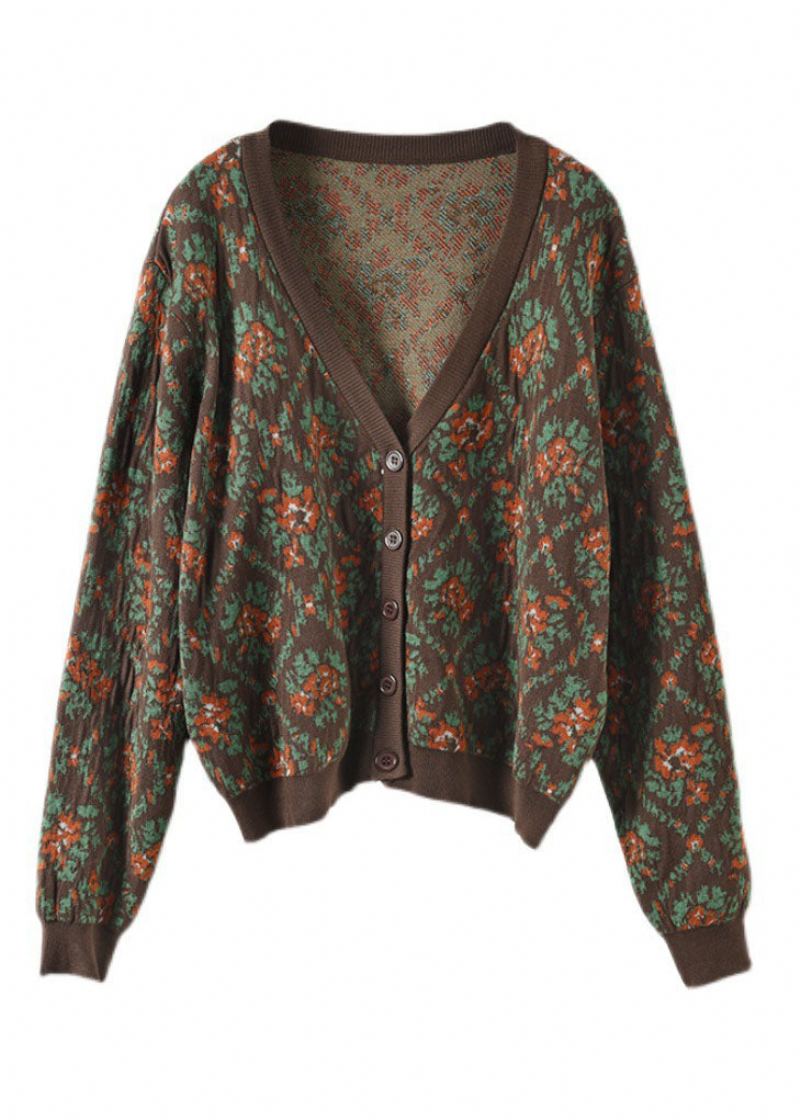 Cardigan En Tricot Imprimé Surdimensionné Café Chic Printemps - Cardigans femmes