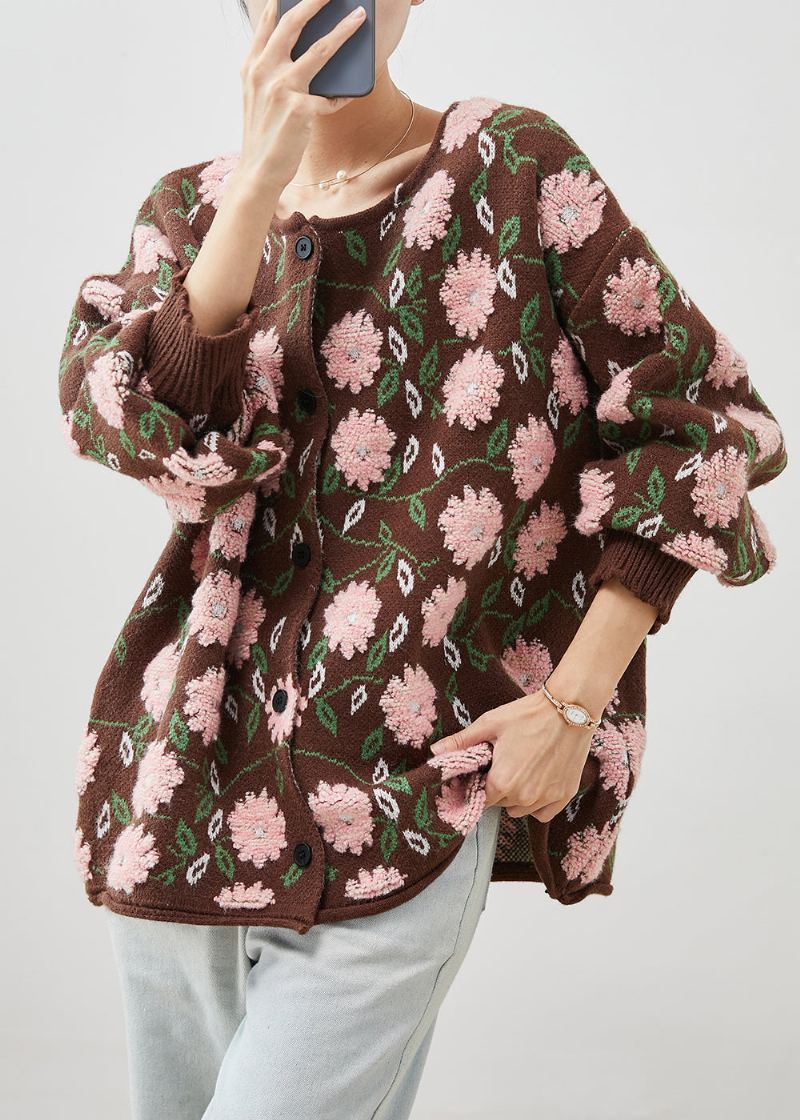 Cardigan En Tricot Jacquard Fleuri Surdimensionné Café Simple Hiver