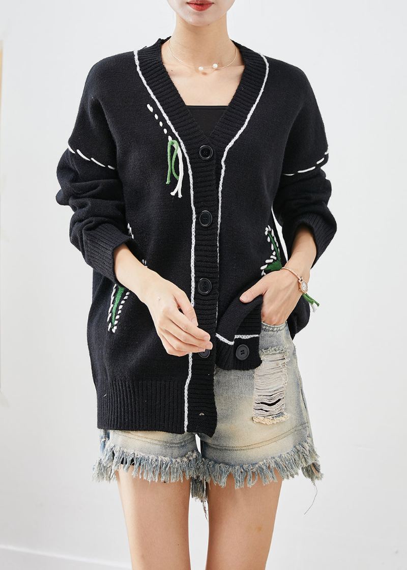 Cardigan En Tricot Jacquard Surdimensionné Noir Unique Automne