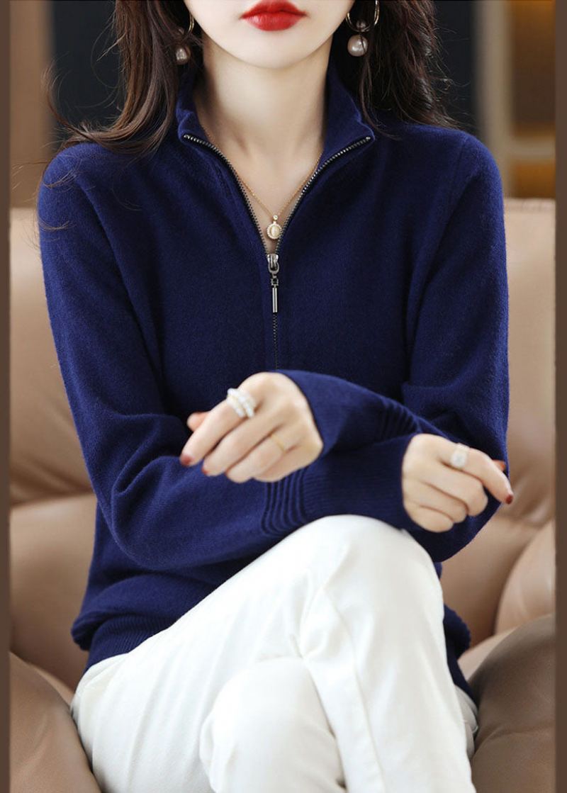 Cardigan En Tricot De Laine Épaisse Pour Femme Col Montant Fermeture Éclair Bleu Marine Printemps - Cardigans femmes