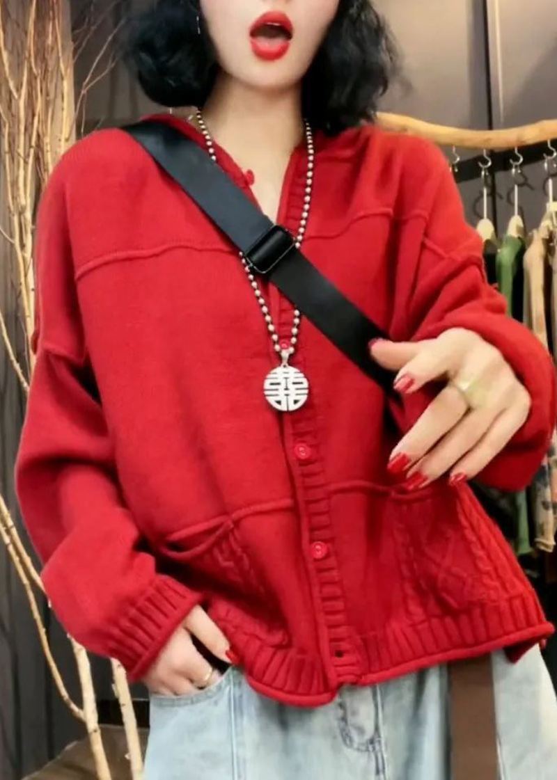 Cardigan En Tricot Patchwork Avec Poches À Col En V Rouge Élégant Automne - Cardigans femmes