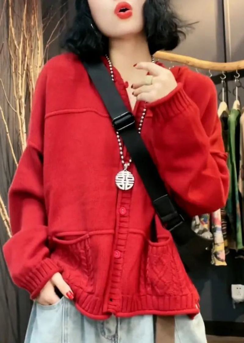 Cardigan En Tricot Patchwork Avec Poches À Col En V Rouge Élégant Automne - Cardigans femmes