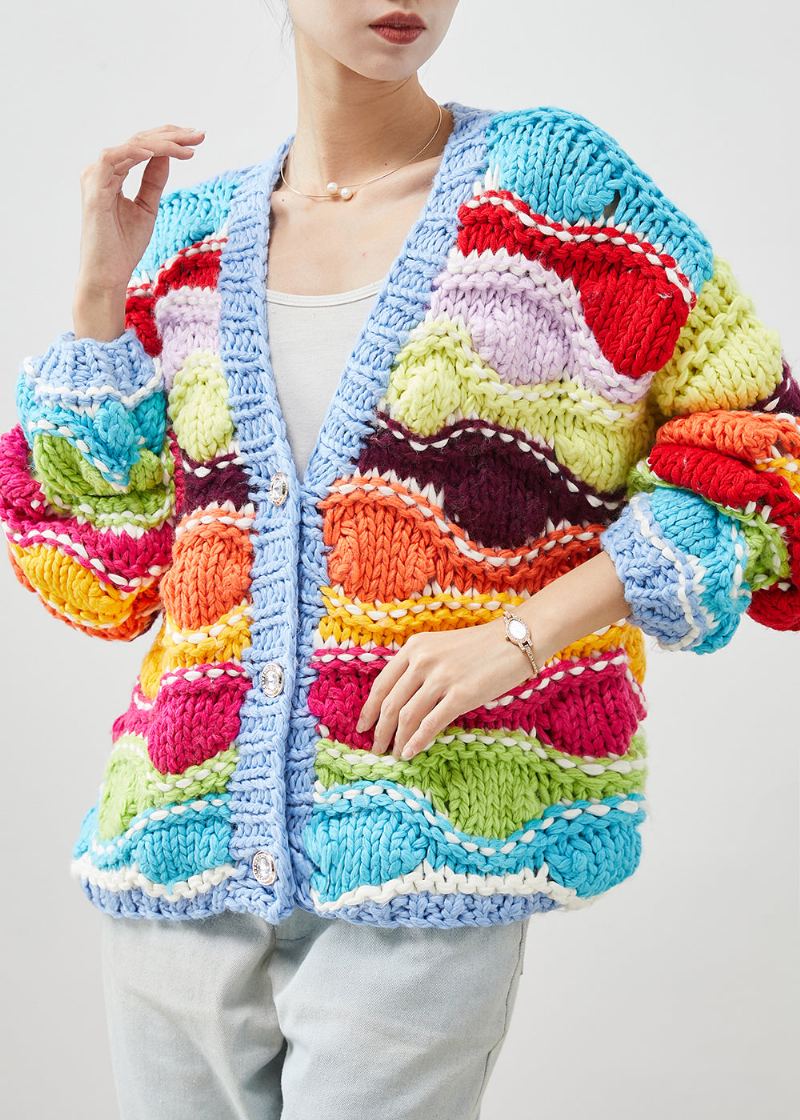 Cardigan En Tricot Patchwork Surdimensionné Arc-en-ciel Boho Printemps