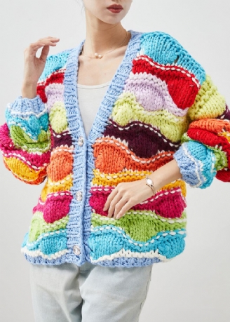 Cardigan En Tricot Patchwork Surdimensionné Arc-en-ciel Boho Printemps