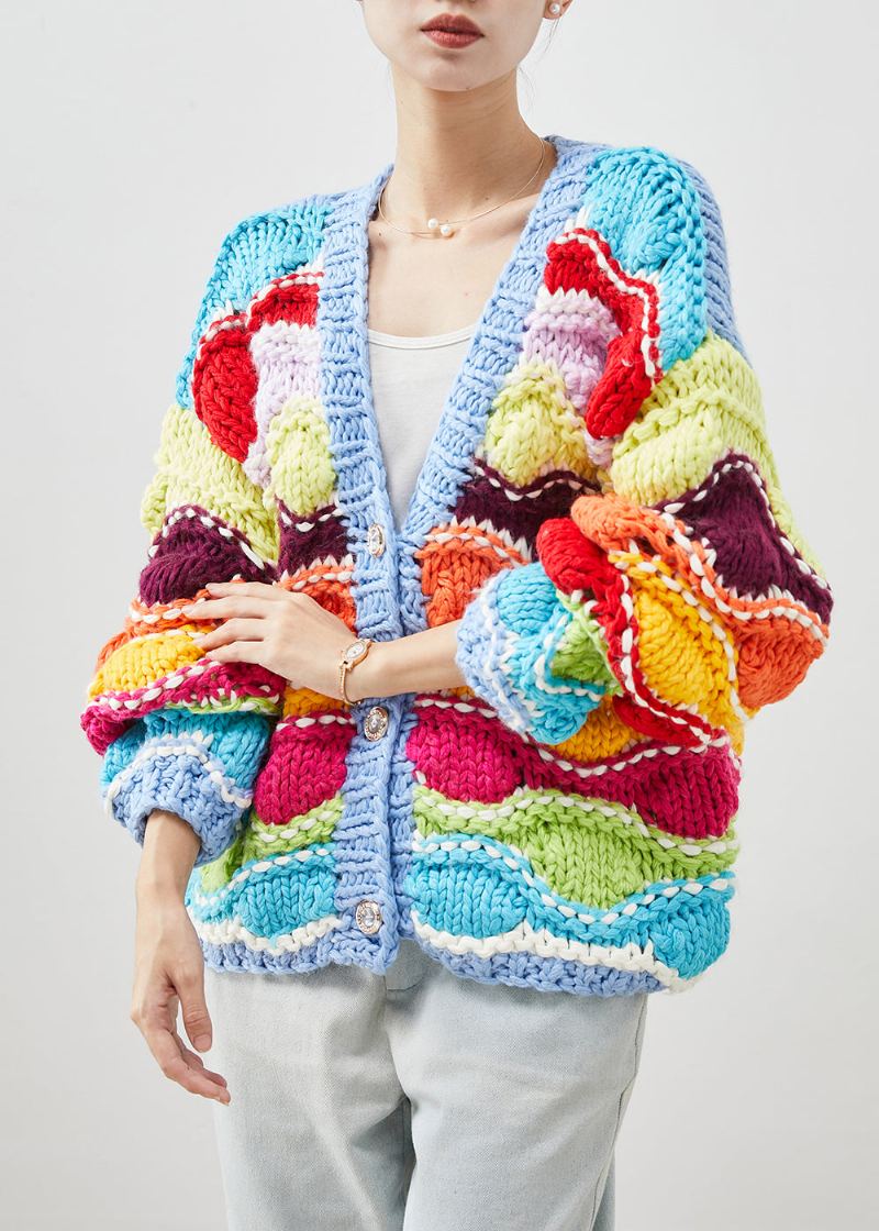 Cardigan En Tricot Patchwork Surdimensionné Arc-en-ciel Boho Printemps - Cardigans femmes