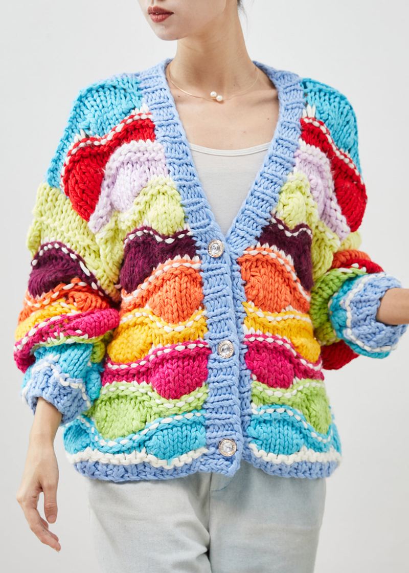 Cardigan En Tricot Patchwork Surdimensionné Arc-en-ciel Boho Printemps - Cardigans femmes