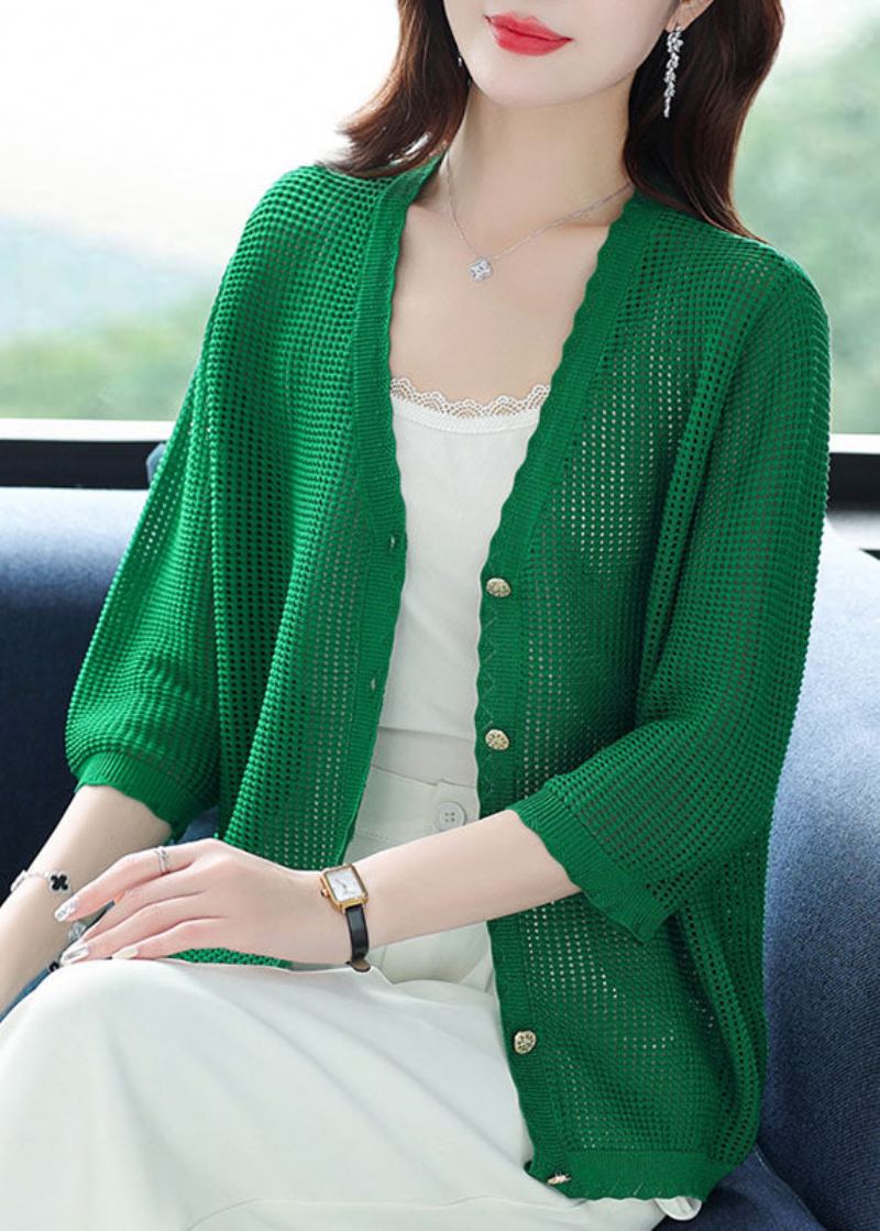 Cardigan En Tricot Patchwork Vert Biologique À Col En V Ajouré Pour L'été