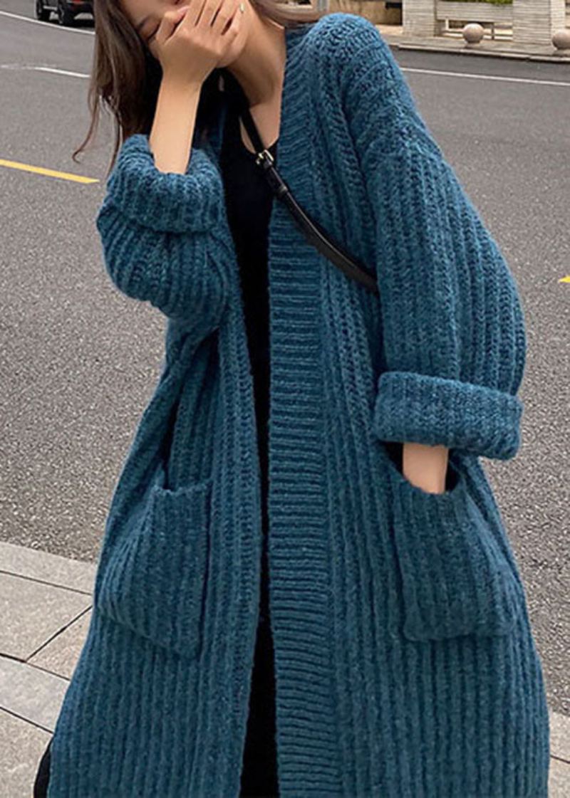 Cardigan En Tricot À Poches Bleu Bohème Printemps