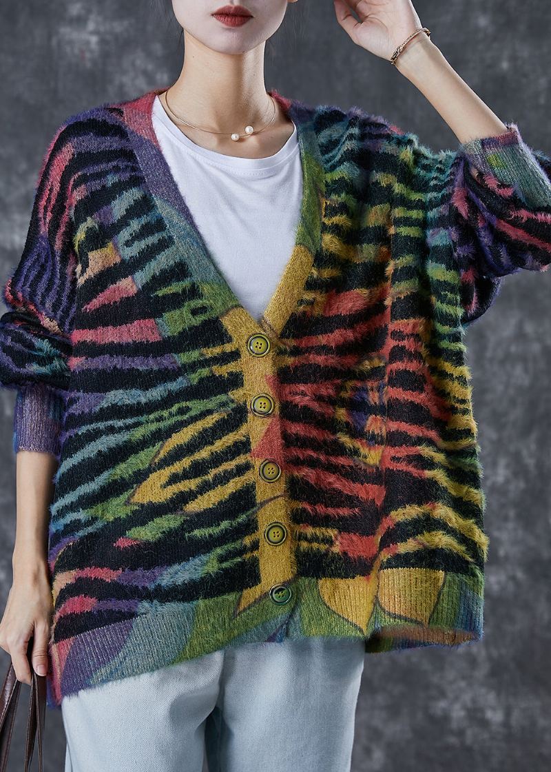 Cardigan En Tricot Rayé Surdimensionné Arc-en-ciel Pour Femme Hiver