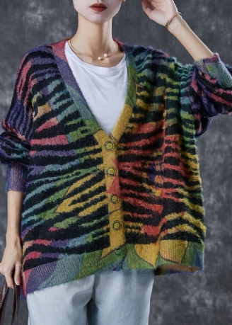 Cardigan En Tricot Rayé Surdimensionné Arc-en-ciel Pour Femme Hiver