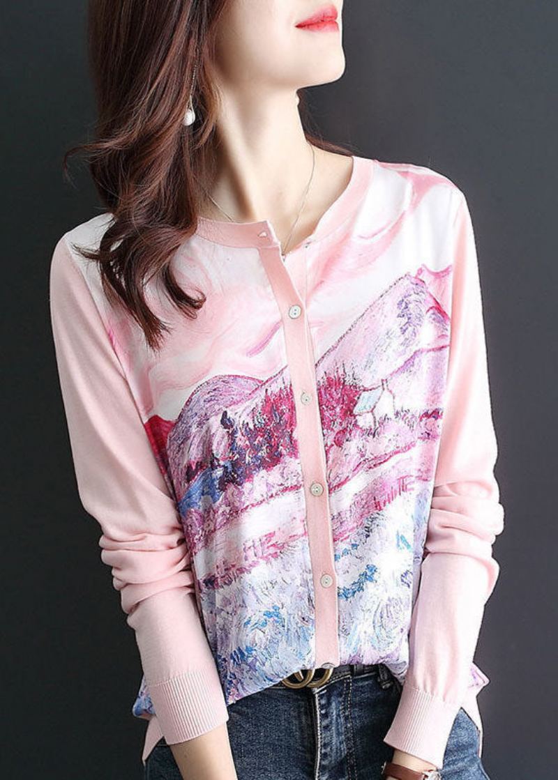 Cardigan En Tricot Rose Pour Femmes Col Rond Patchwork Printemps