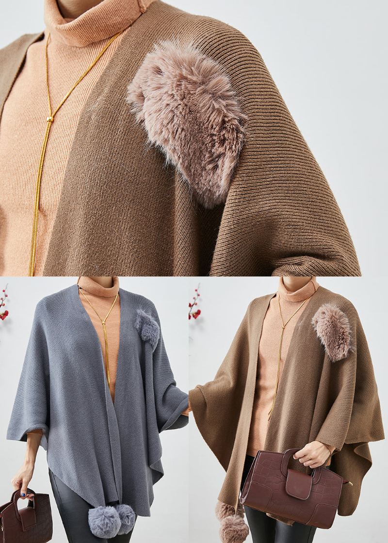 Cardigan En Tricot Surdimensionné Kaki Manches Cape Décorées De Boules Pelucheuses - Cardigans femmes