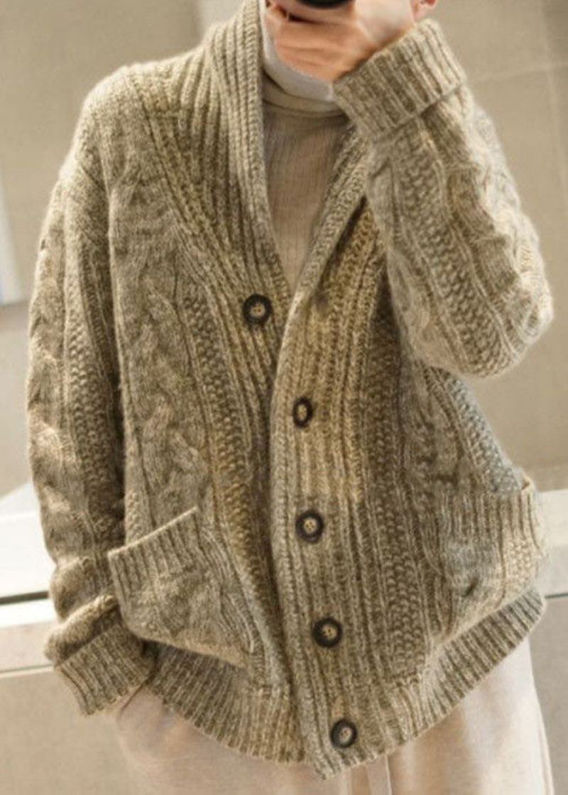 Cardigan En Tricot Vert Clair Chic Avec Poches Boutonnées Et Col En V Pour L'hiver