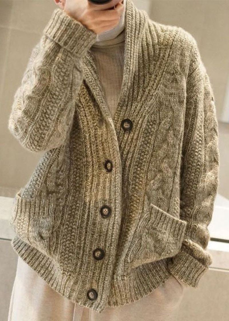 Cardigan En Tricot Vert Clair Chic Avec Poches Boutonnées Et Col En V Pour L'hiver - Cardigans femmes