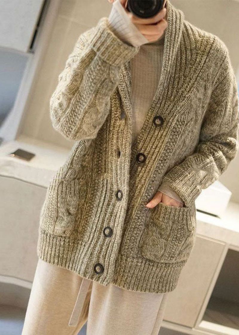 Cardigan En Tricot Vert Clair Chic Avec Poches Boutonnées Et Col En V Pour L'hiver - Cardigans femmes