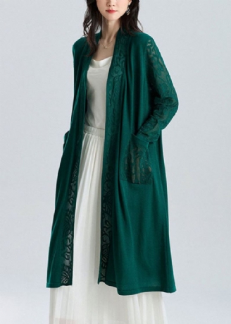 Cardigan En Tricot Vert Noirâtre Chic Col En V Ajouré Long Taille Glace Somme