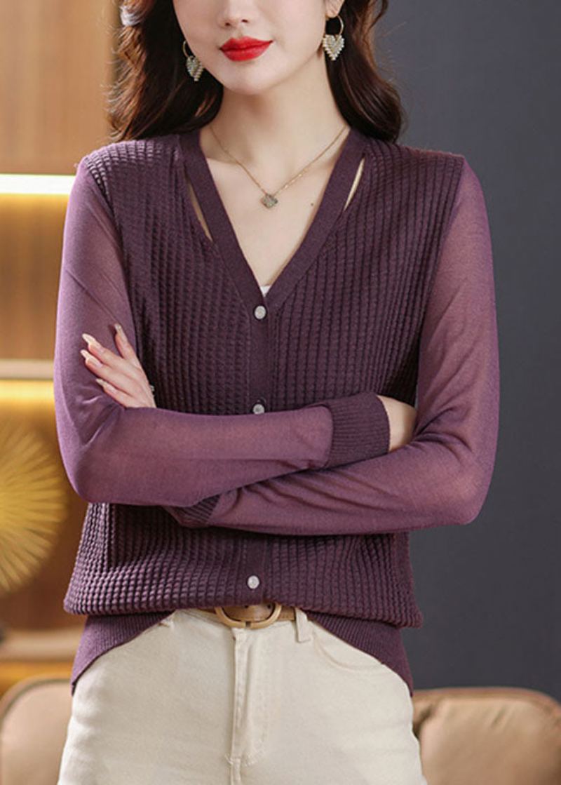 Cardigan En Tricot Violet À Manches Longues Taille Glace Bouton