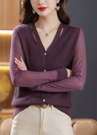 Cardigan En Tricot Violet À Manches Longues Taille Glace Bouton