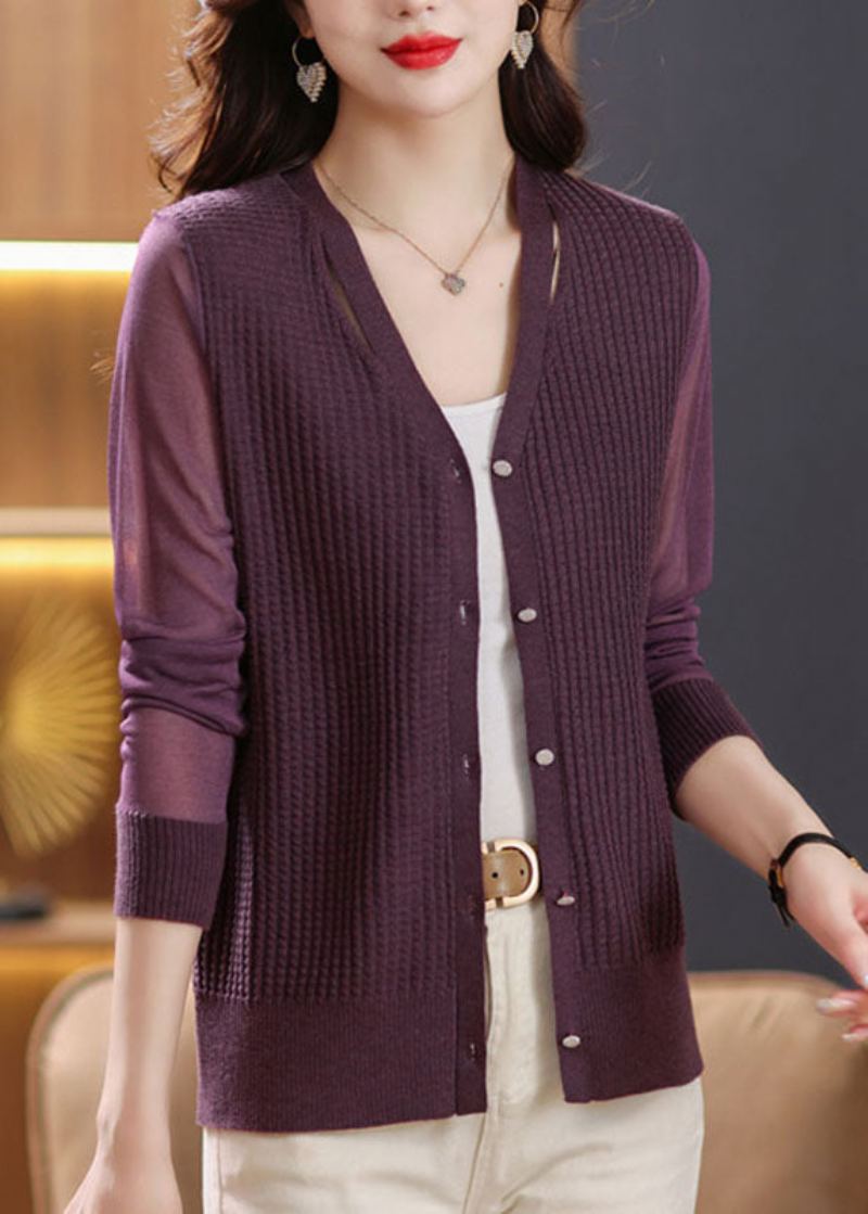 Cardigan En Tricot Violet À Manches Longues Taille Glace Bouton - Violet