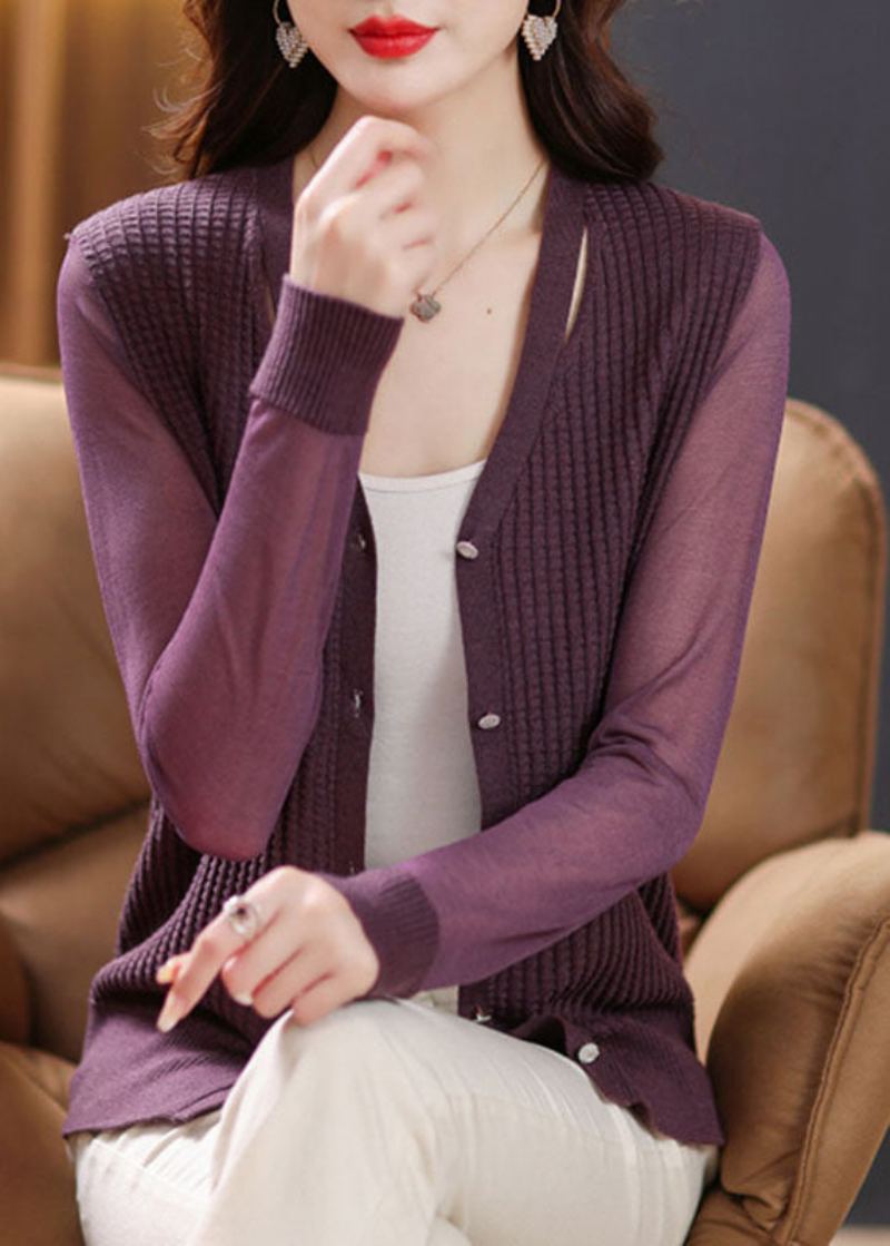 Cardigan En Tricot Violet À Manches Longues Taille Glace Bouton - Violet