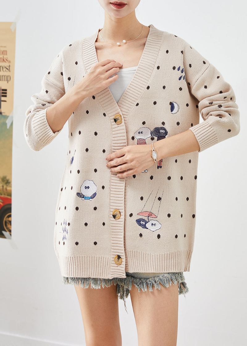 Cardigan Tricoté Beige Surdimensionné À Imprimé Dessin Animé Fait À La Main Automne - Cardigans femmes