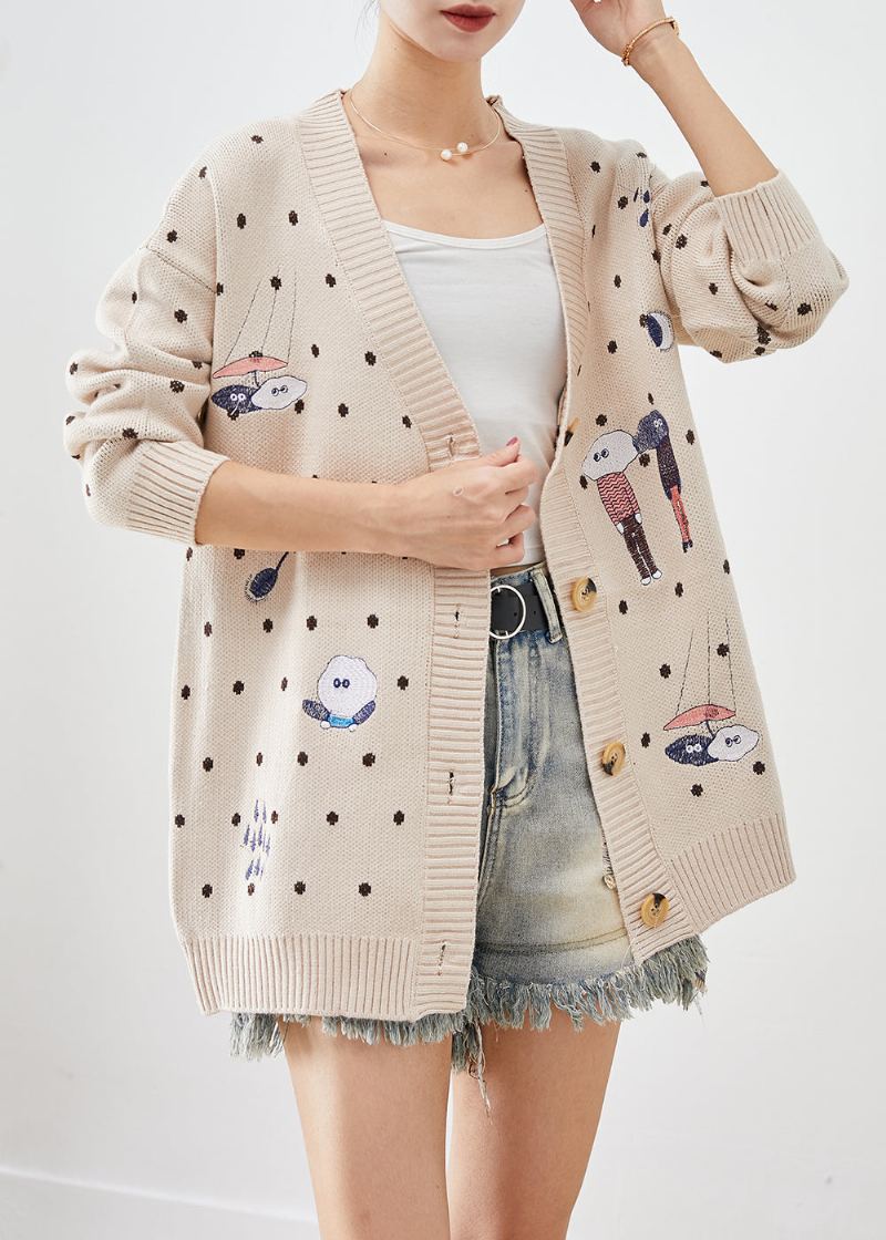 Cardigan Tricoté Beige Surdimensionné À Imprimé Dessin Animé Fait À La Main Automne - Cardigans femmes