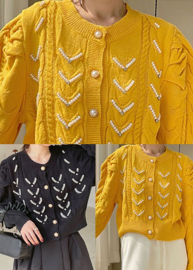 Cardigan Tricoté À Boutons Noirs Grande Taille À La Mode Printemps - Jaune