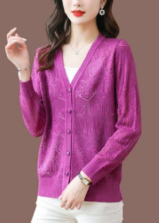 Cardigan Tricoté À Boutons Violets Coupe Cintrée Taille Glace Été