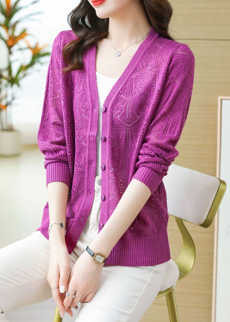 Cardigan Tricoté À Boutons Violets Coupe Cintrée Taille Glace Été - Violet