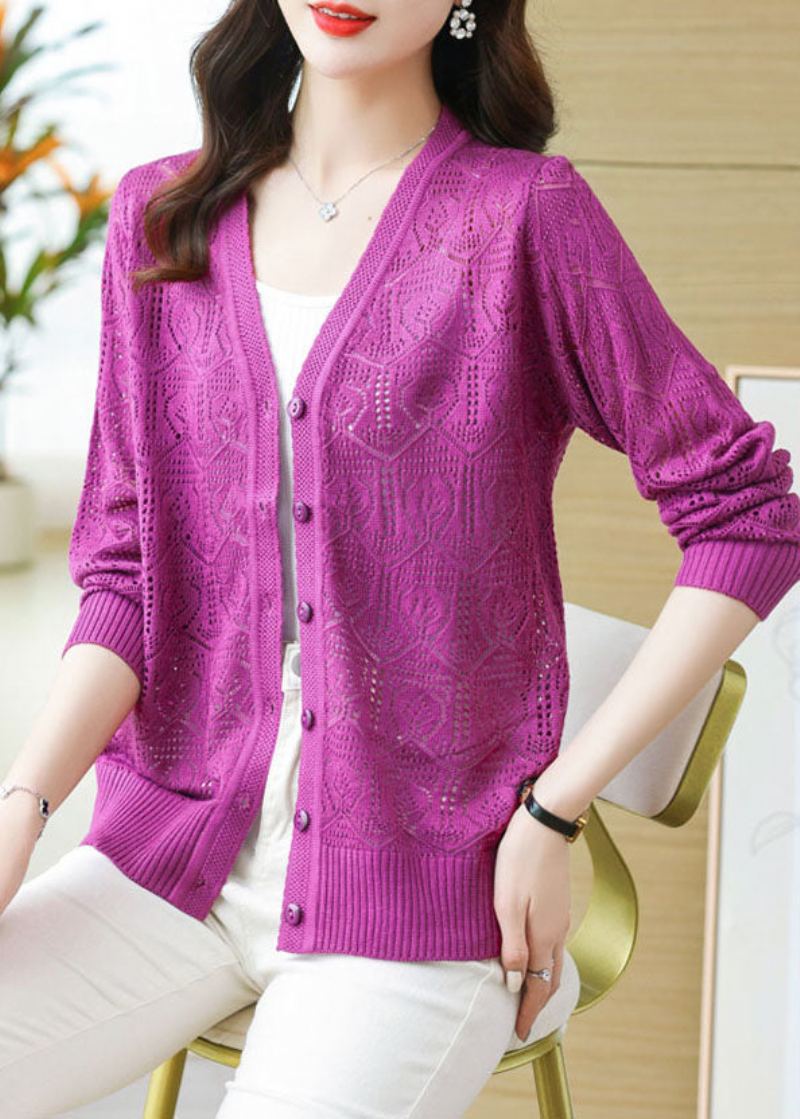 Cardigan Tricoté À Boutons Violets Coupe Cintrée Taille Glace Été - Violet