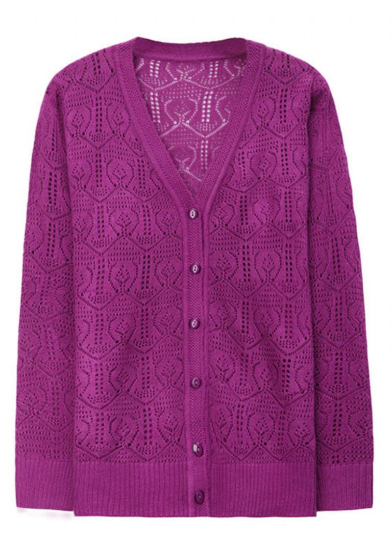 Cardigan Tricoté À Boutons Violets Coupe Cintrée Taille Glace Été - Violet