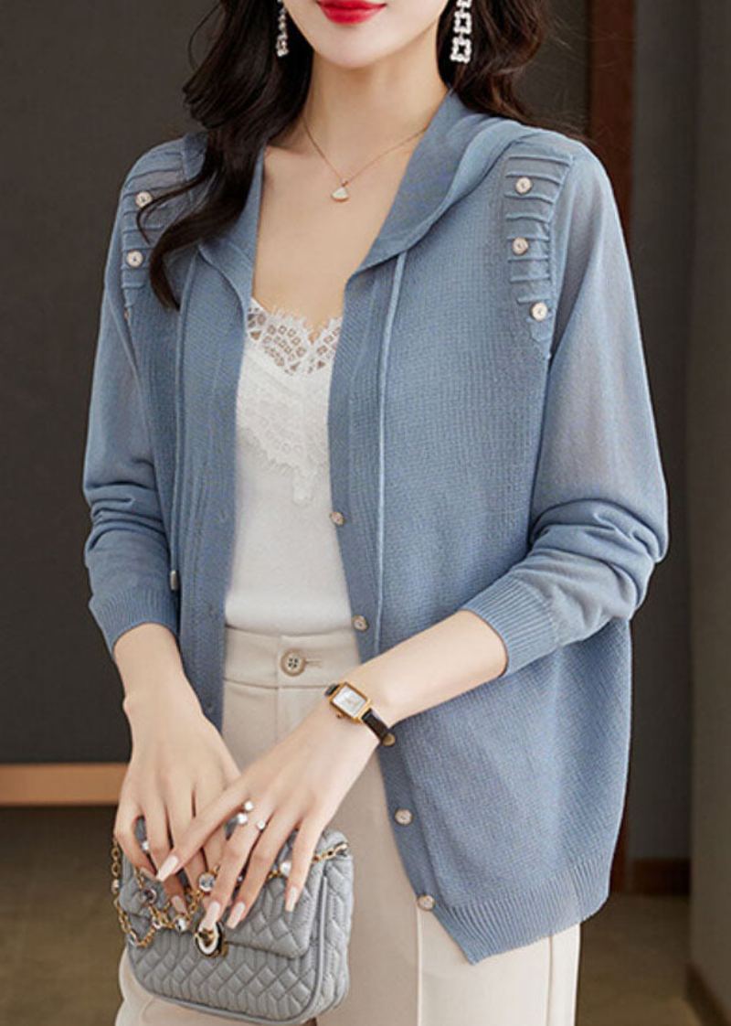 Cardigan Tricoté À Capuche Confortable Avec Boutons Bleus Taille Glace Automne - Bleu