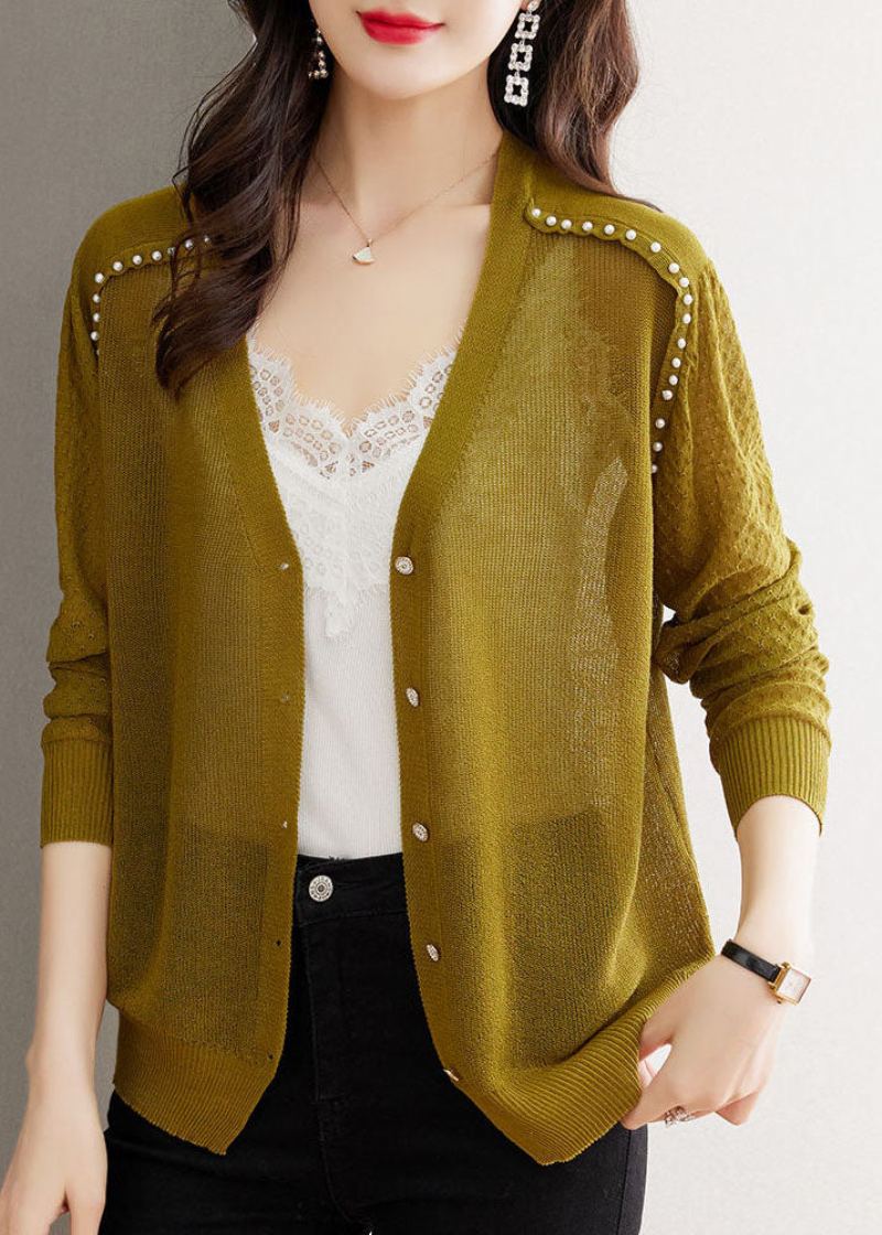 Cardigan Tricoté Décontracté Couleur Matcha Col En V Bouton De Perle Taille Glacée Été