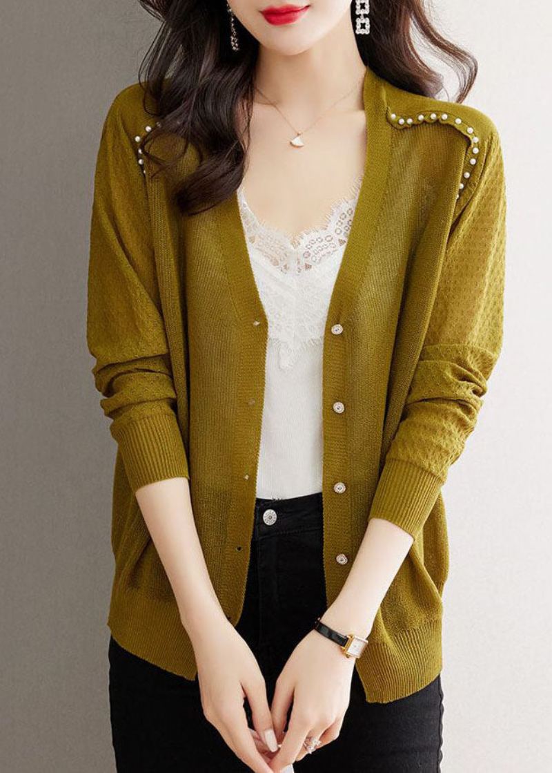 Cardigan Tricoté Décontracté Couleur Matcha Col En V Bouton De Perle Taille Glacée Été - Cardigans femmes