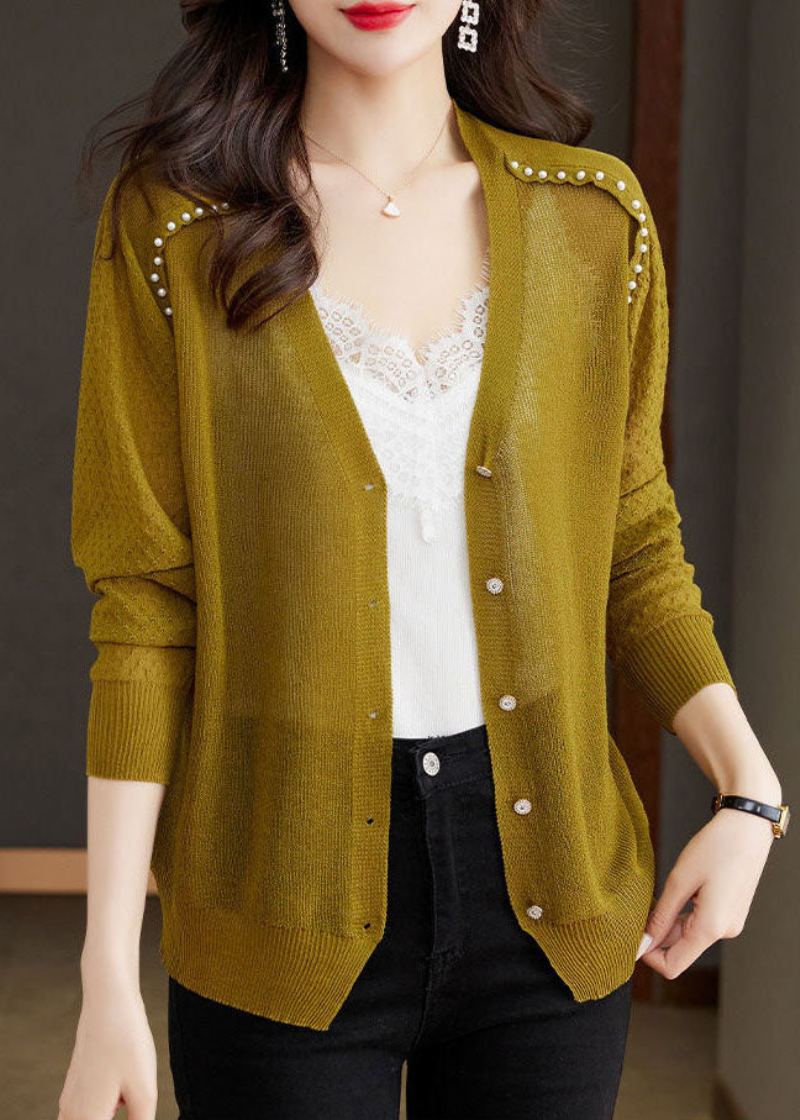 Cardigan Tricoté Décontracté Couleur Matcha Col En V Bouton De Perle Taille Glacée Été - Cardigans femmes