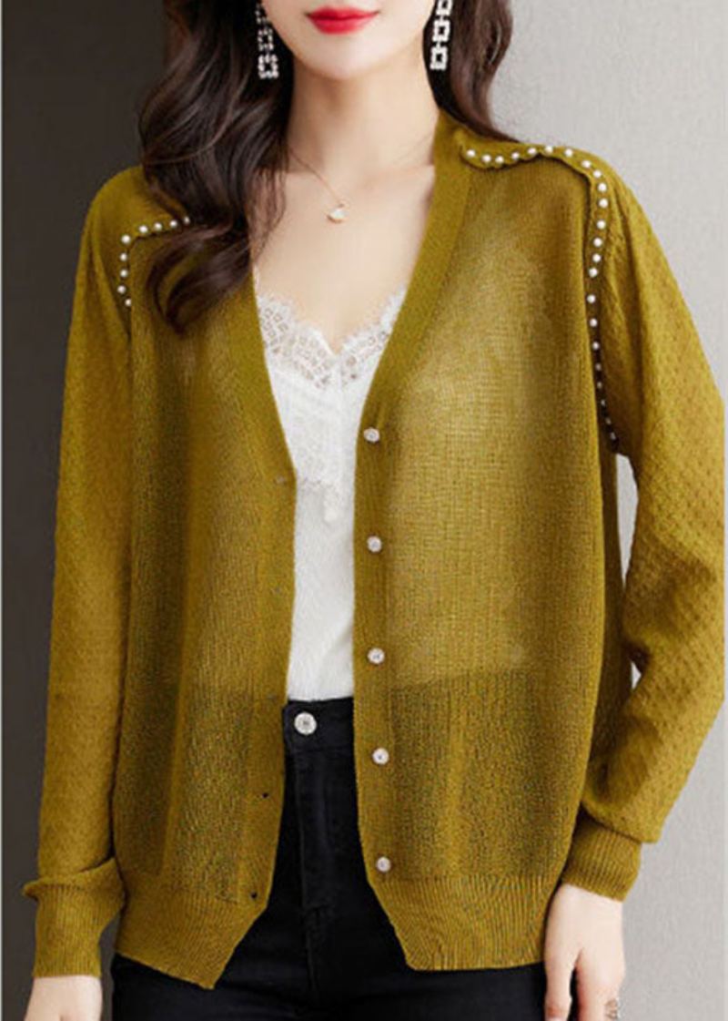 Cardigan Tricoté Décontracté Couleur Matcha Col En V Bouton De Perle Taille Glacée Été - Cardigans femmes