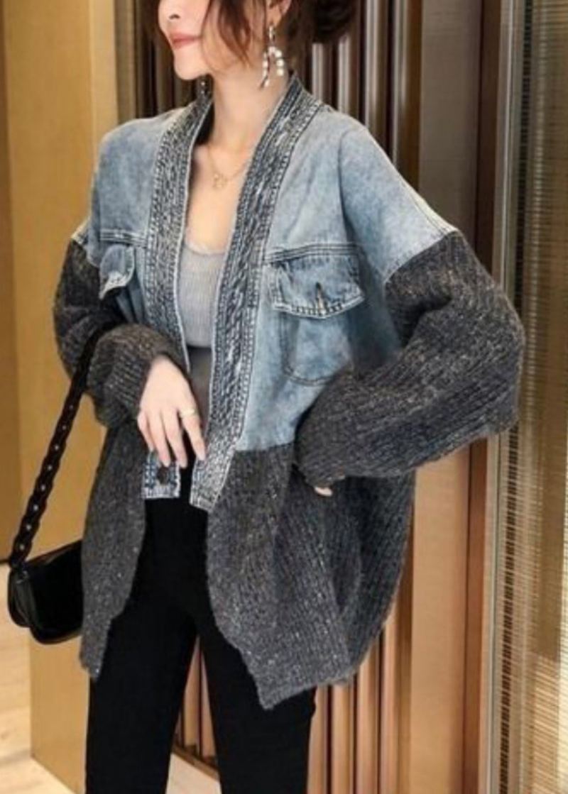 Cardigan Tricoté En Denim Épissé Coupe Ample Manteau Nouvelle Collection Automne Hiver 2024