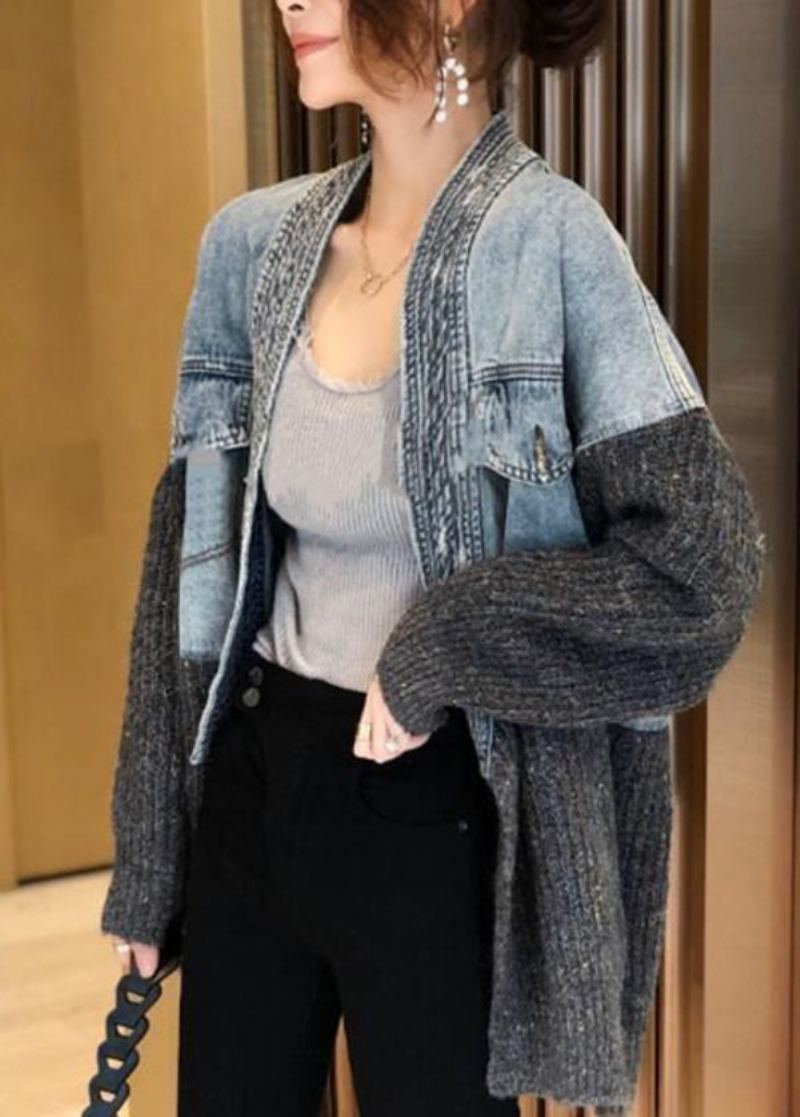 Cardigan Tricoté En Denim Épissé Coupe Ample Manteau Nouvelle Collection Automne Hiver 2024 - Cardigans femmes