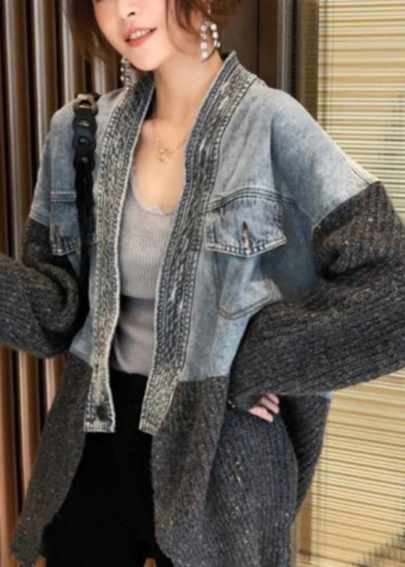 Cardigan Tricoté En Denim Épissé Coupe Ample Manteau Nouvelle Collection Automne Hiver 2024 - Cardigans femmes