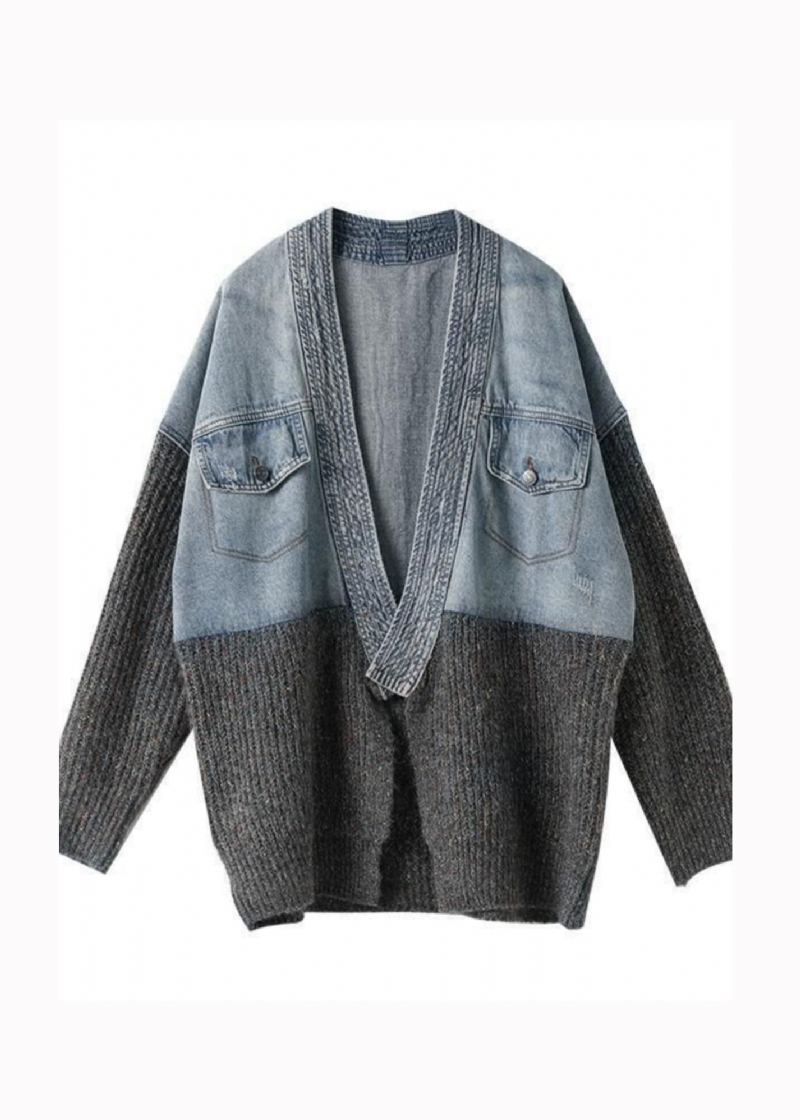 Cardigan Tricoté En Denim Épissé Coupe Ample Manteau Nouvelle Collection Automne Hiver 2024 - Cardigans femmes