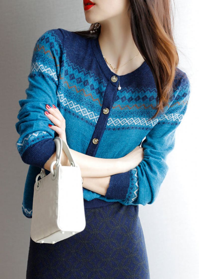 Cardigan Tricoté En Laine Bleu Chic À Col Rond Imprimé Bouton Automne