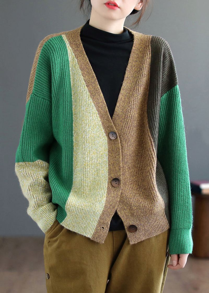 Cardigan Tricoté Patchwork Vert Haut Col En V Manches Longues