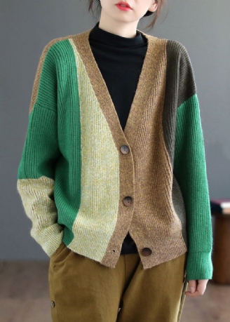 Cardigan Tricoté Patchwork Vert Haut Col En V Manches Longues