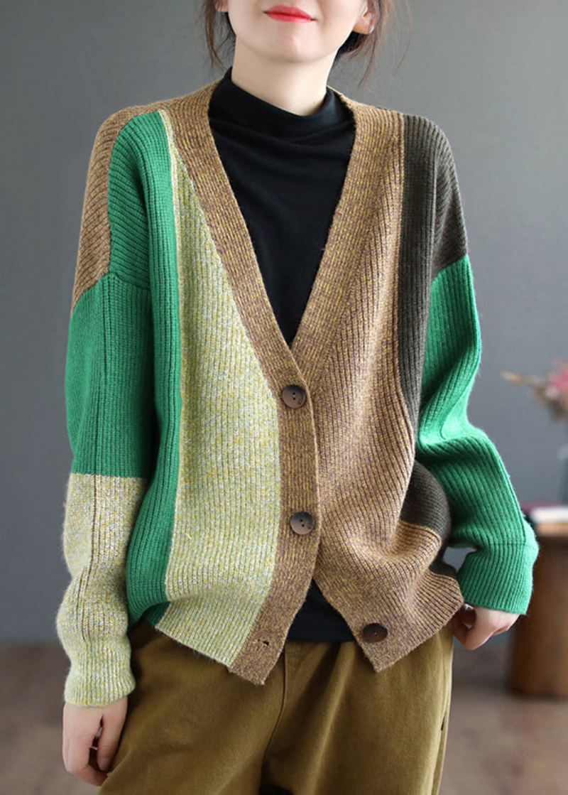 Cardigan Tricoté Patchwork Vert Haut Col En V Manches Longues - Cardigans femmes