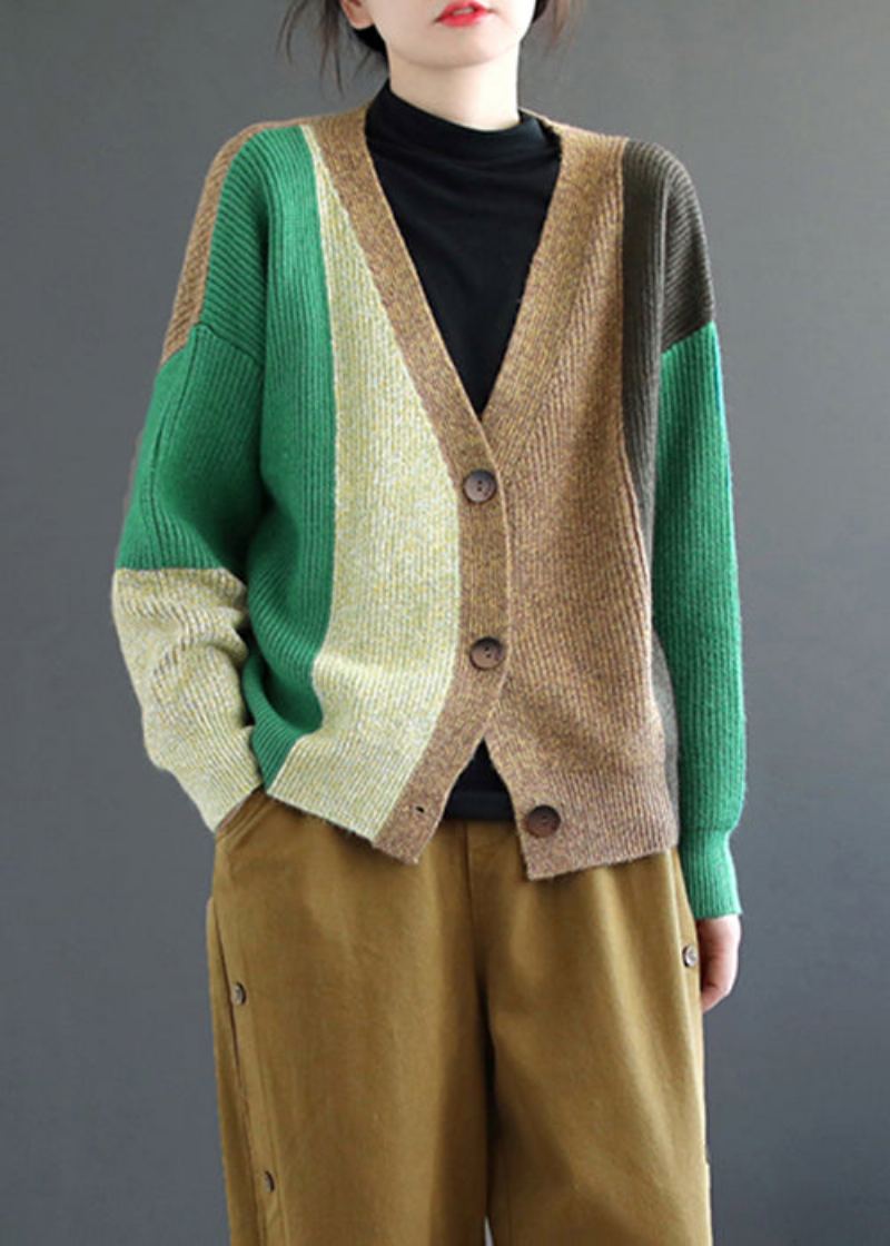 Cardigan Tricoté Patchwork Vert Haut Col En V Manches Longues - Cardigans femmes