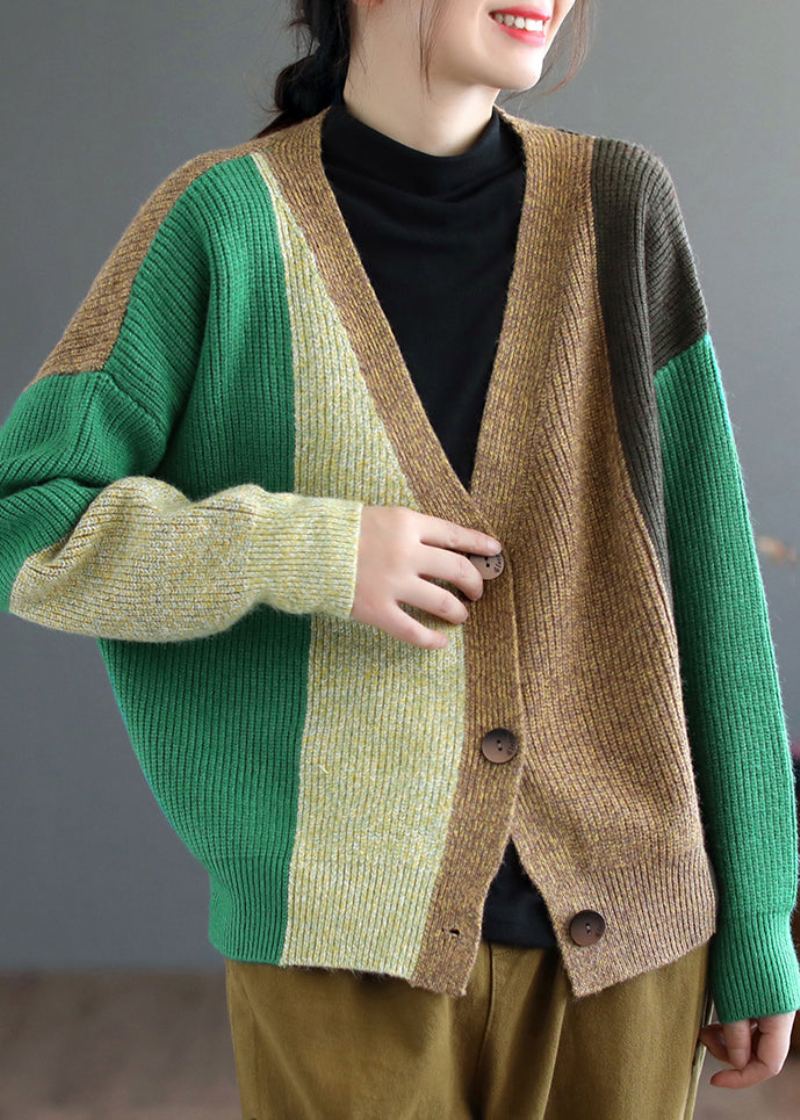 Cardigan Tricoté Patchwork Vert Haut Col En V Manches Longues - Cardigans femmes